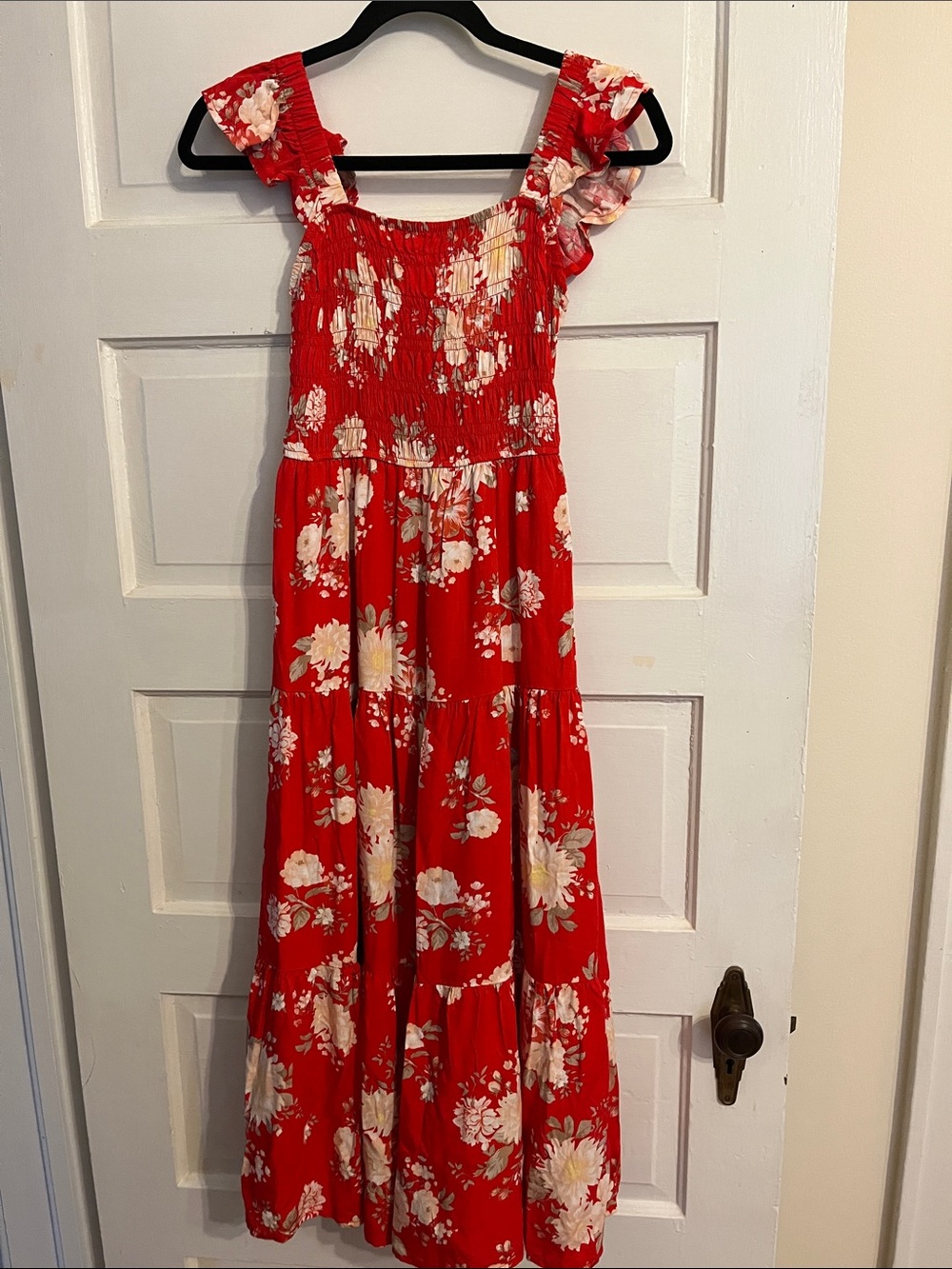 Red Floral Maxi Dress with Smocked Bodice